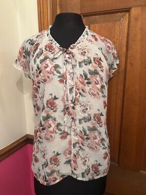 Allegra K Floral Tie-Neck Ruffle Short Sleeve Blouse - size M